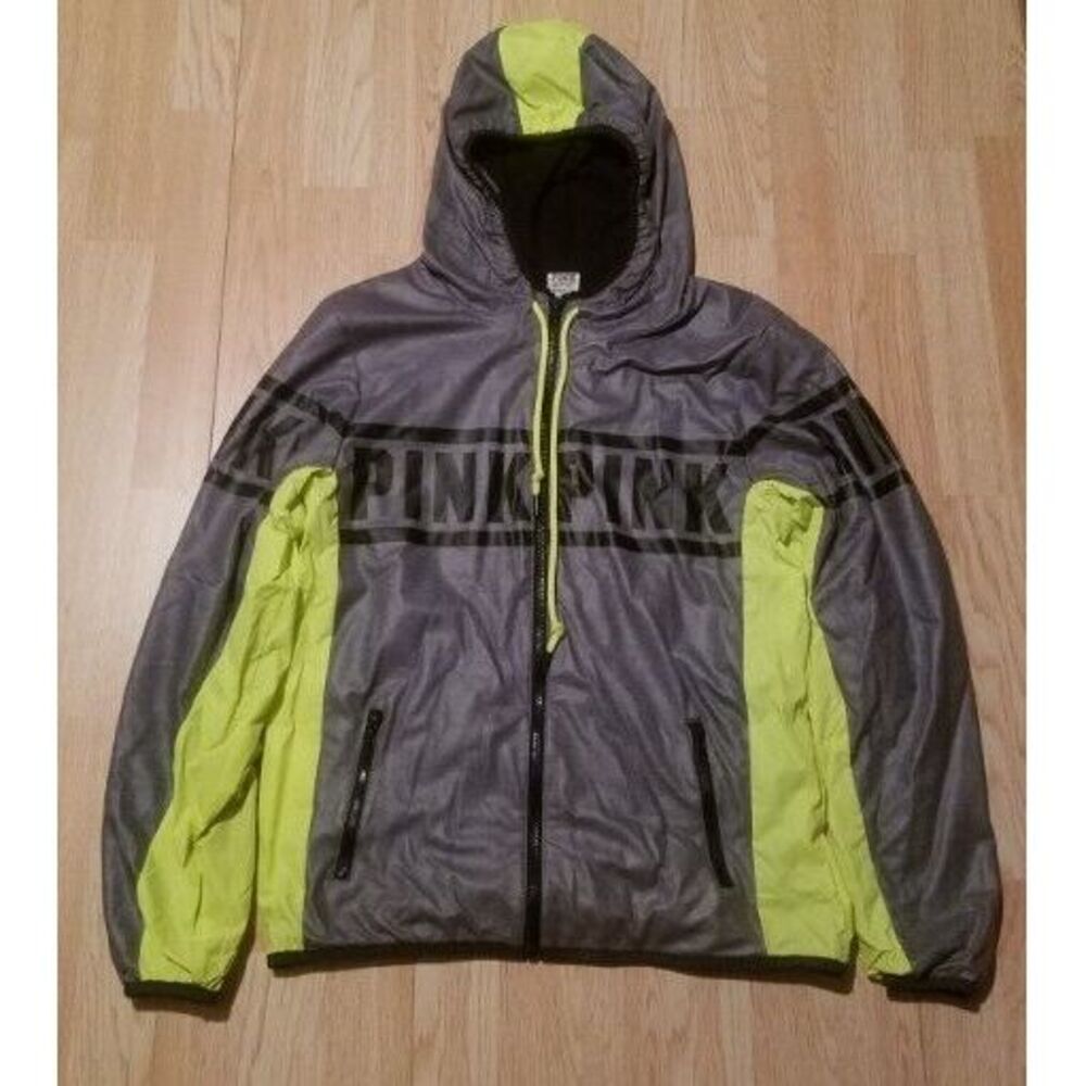 Victoria's Secret Pink Full Zip Lined Anorak Windbreaker Jacket Gray/Lime XS / S
